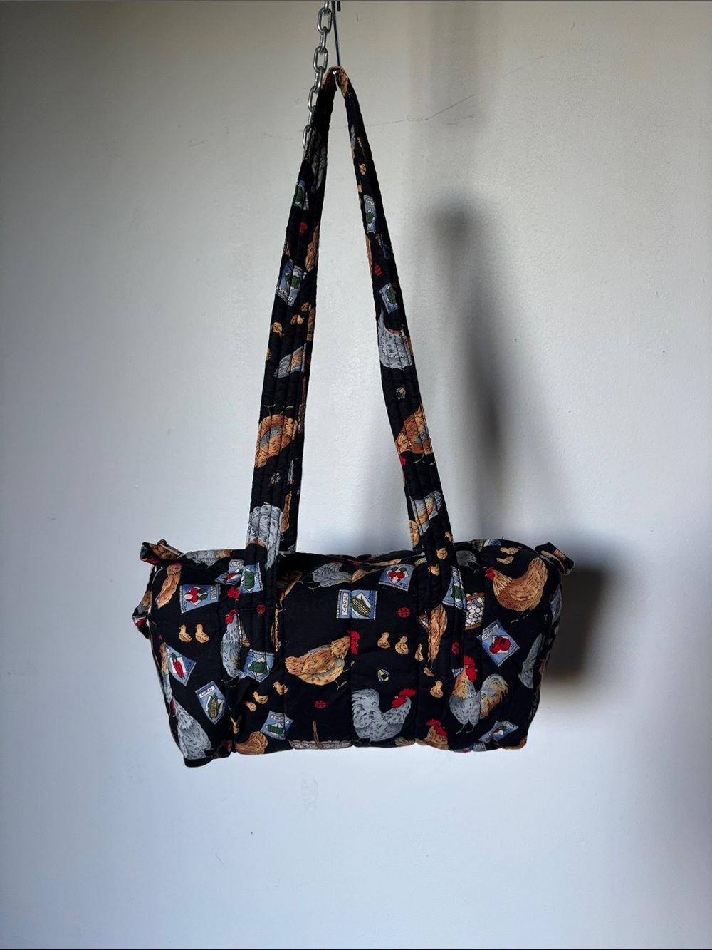 Hand Crafted Black Quilted Shoulder Bag with Farm Chicken Print Floral Inner